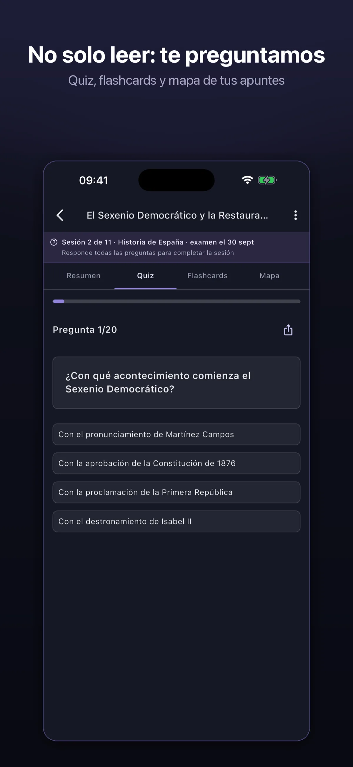 Pantalla de Synt con un test generado a partir de los apuntes del usuario, con las pestañas de resumen, quiz, flashcards y mapa