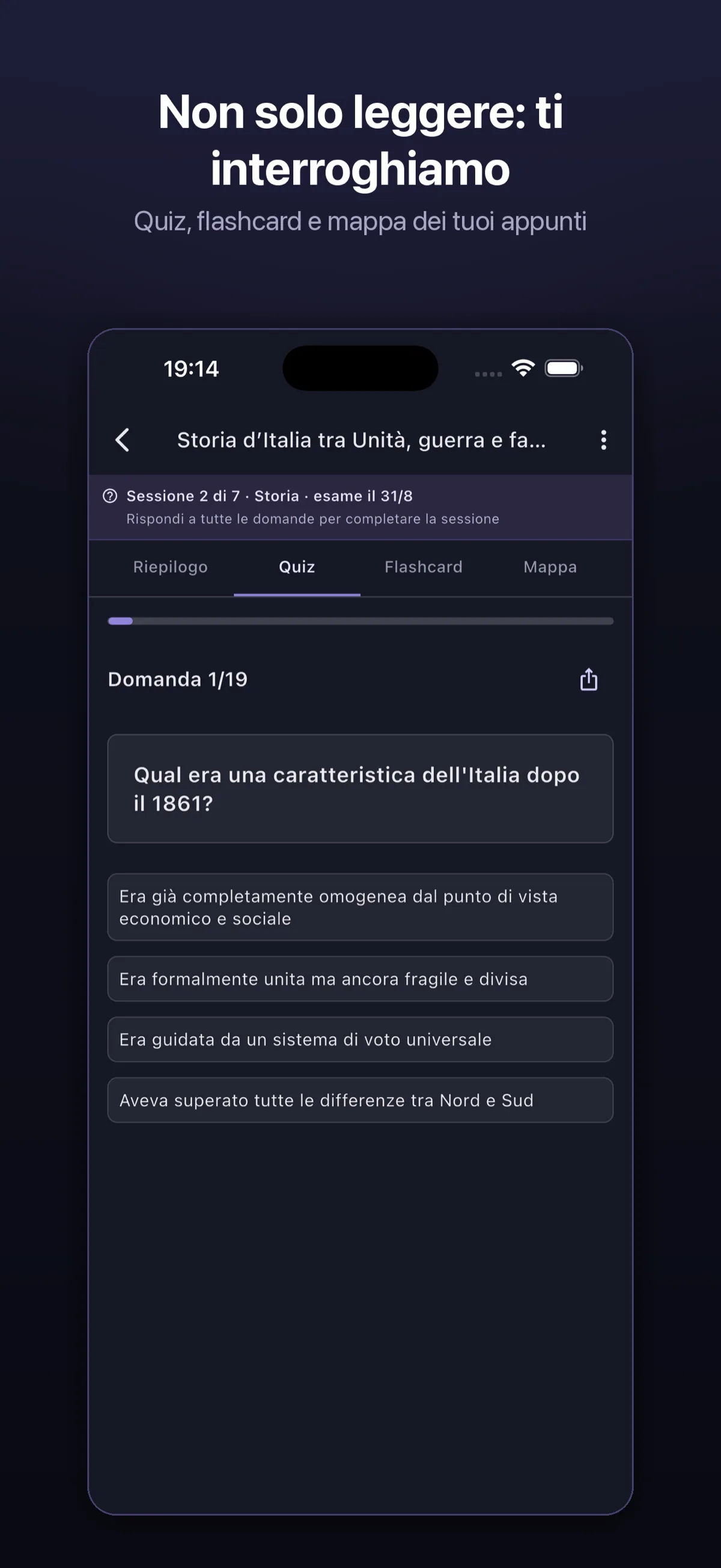 Schermata di Synt con un quiz generato dagli appunti dello studente e le schede riassunto, quiz, flashcard e mappa