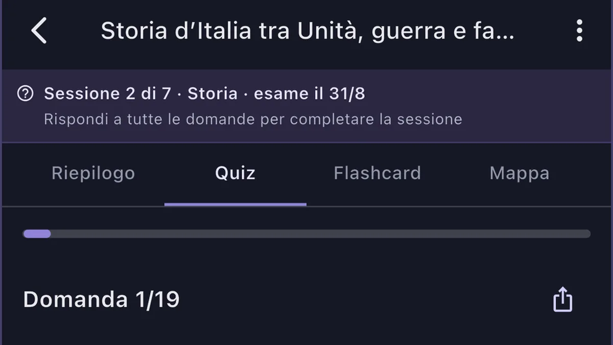 Materiale di studio in Synt 2.0 con le schede Riepilogo, Quiz, Flashcard e Mappa