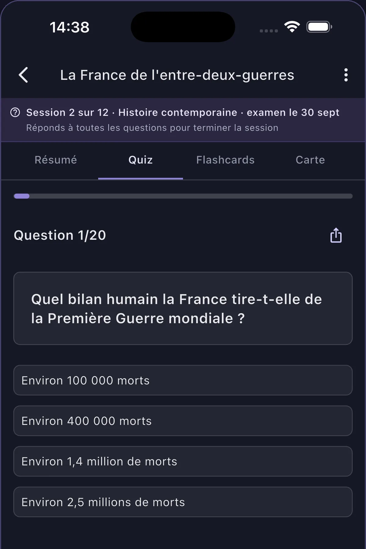 Support de cours dans Synt avec les onglets Résumé, Quiz, Flashcards et Carte : du résumé aux questions sur le même texte