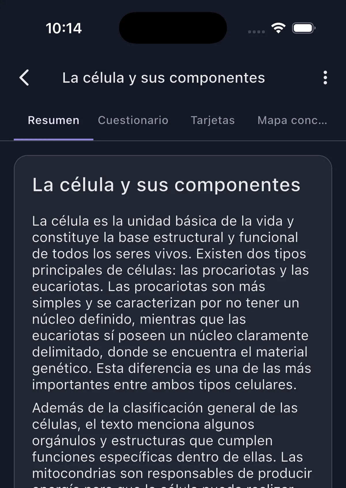 Resumen de un texto sobre la célula generado por Synt, con las pestañas Resumen, Cuestionario, Tarjetas y Mapa conceptual