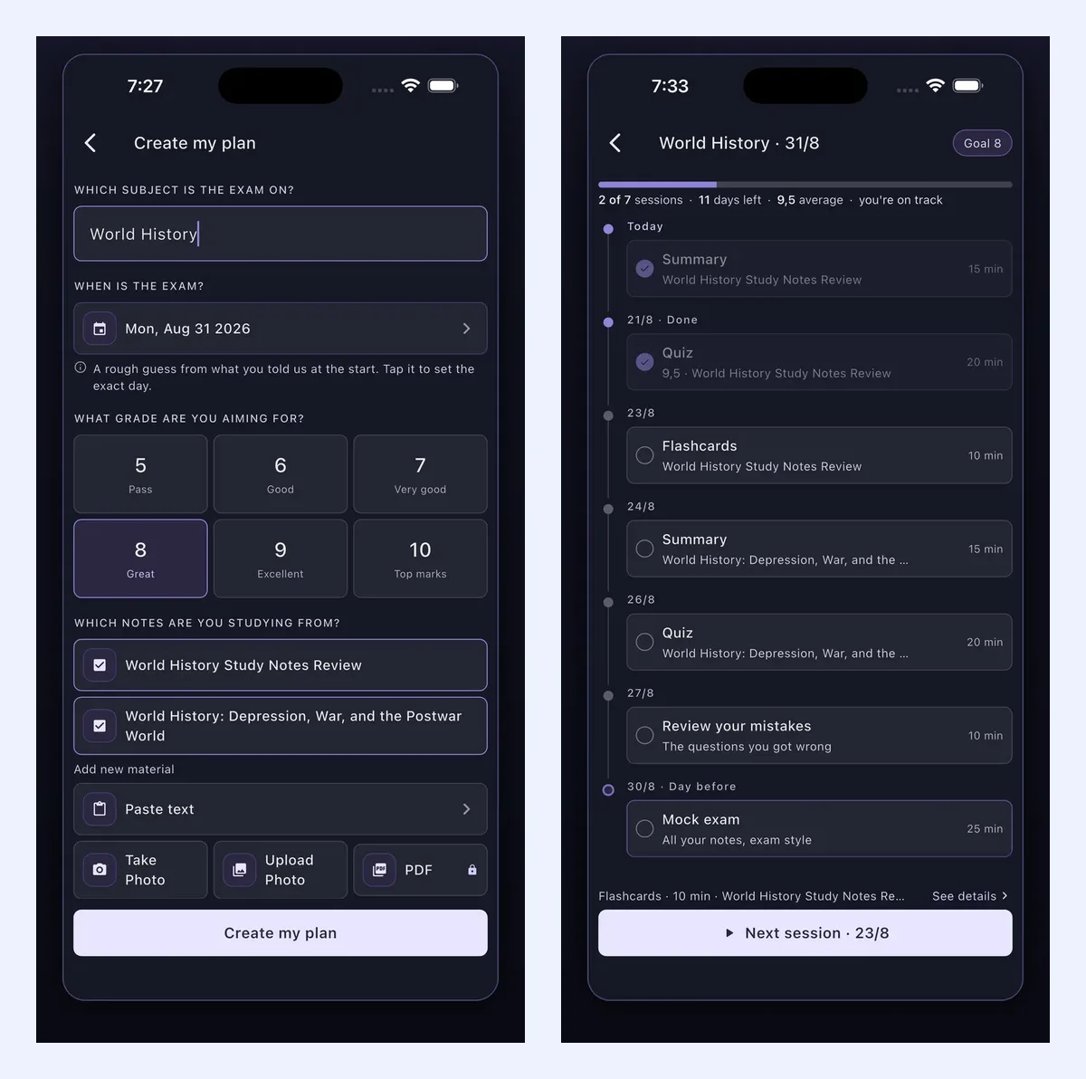 Two Synt screens: creating a study plan with exam date, target grade and notes, and the resulting session-by-session plan up to the exam