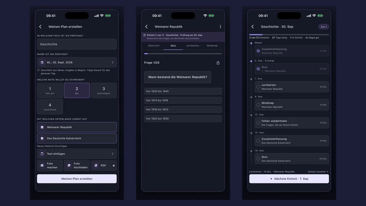 Die Synt-App in drei Screens: PDF oder eingefügten Text hinzufügen, das daraus erzeugte Quiz und der Lernplan bis zur Prüfung