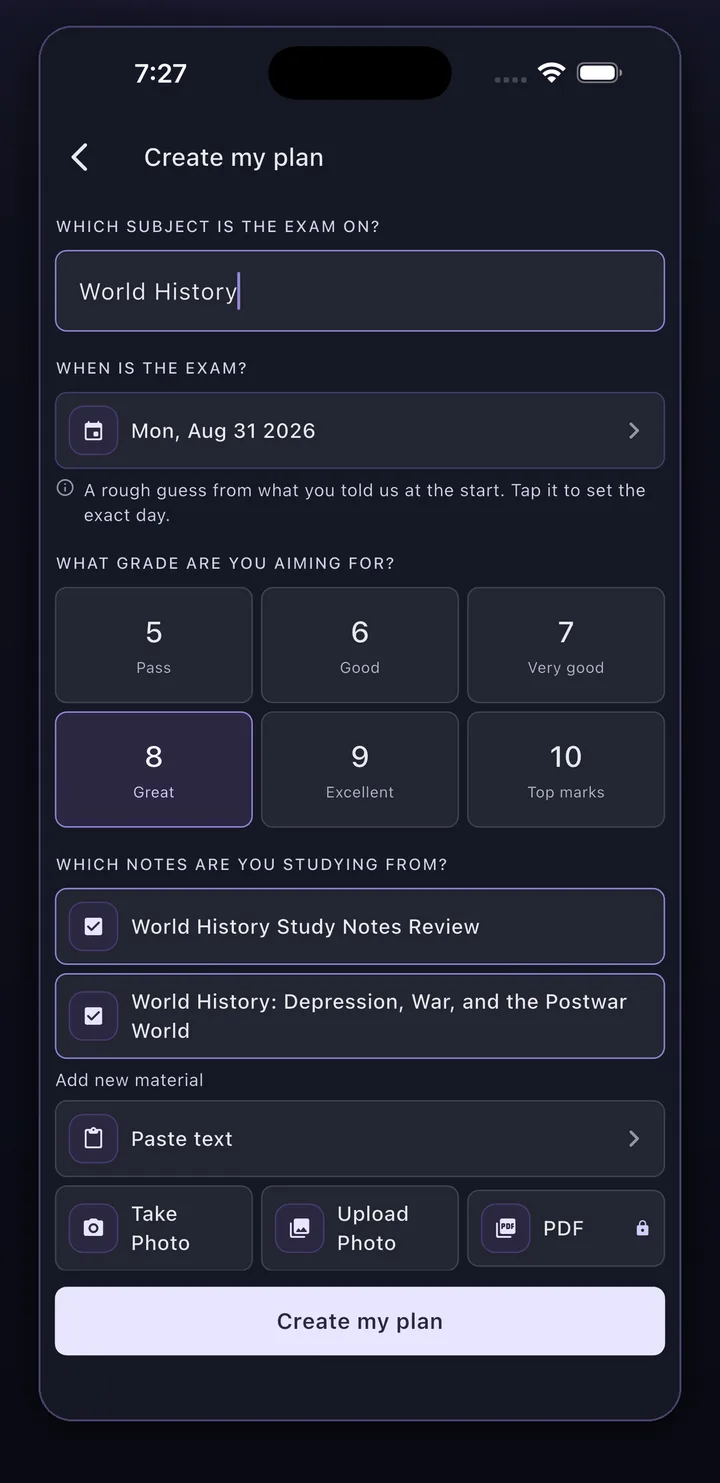 Synt app: adding study material to a plan — paste text, take a photo, upload a photo or a PDF