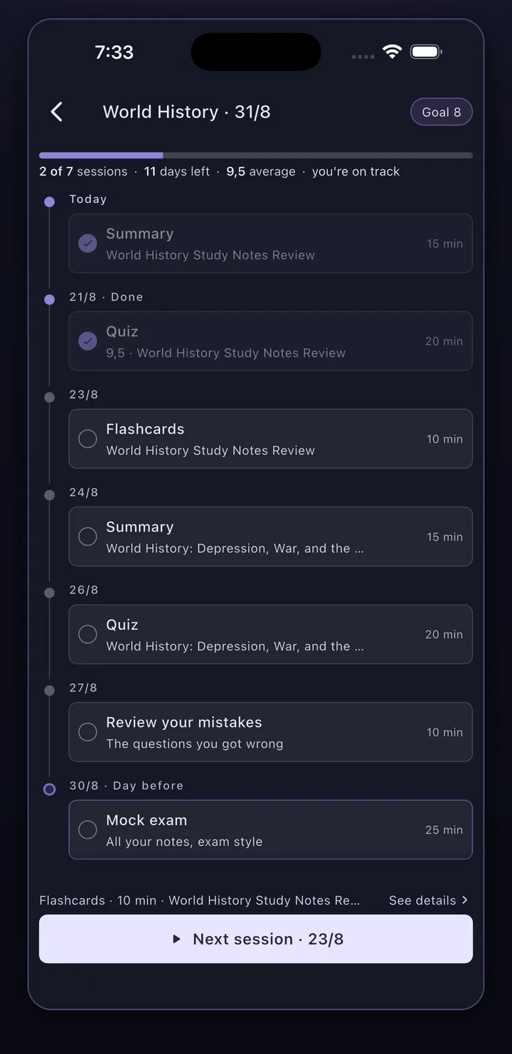 Synt app: a study plan up to exam day, with summary, quiz, flashcard and mistake-review sessions scheduled on a timeline
