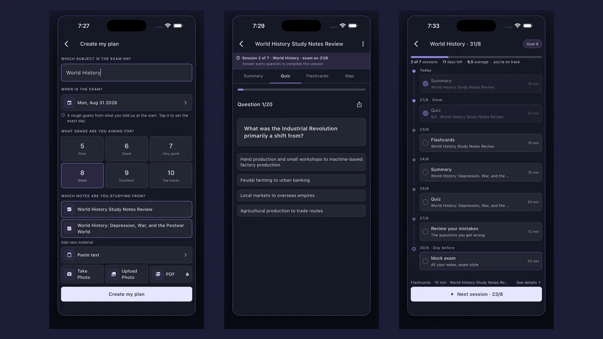 Synt app in three screens: creating a study plan with the exam date and target grade, a 20-question quiz, and the sessions scheduled up to exam day