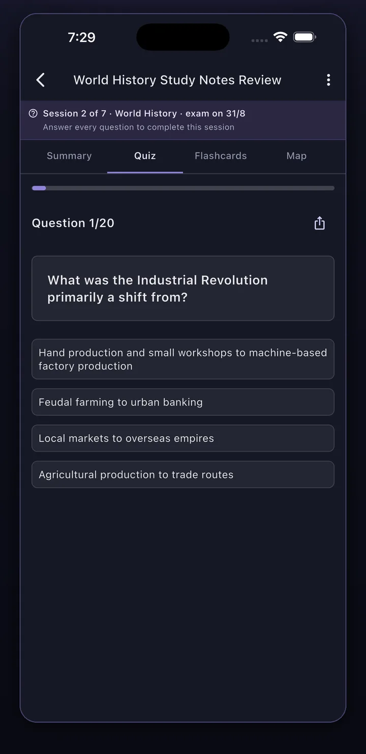 Synt app: a practice quiz generated from the student's own study notes, with the Summary, Quiz, Flashcards and Map tabs