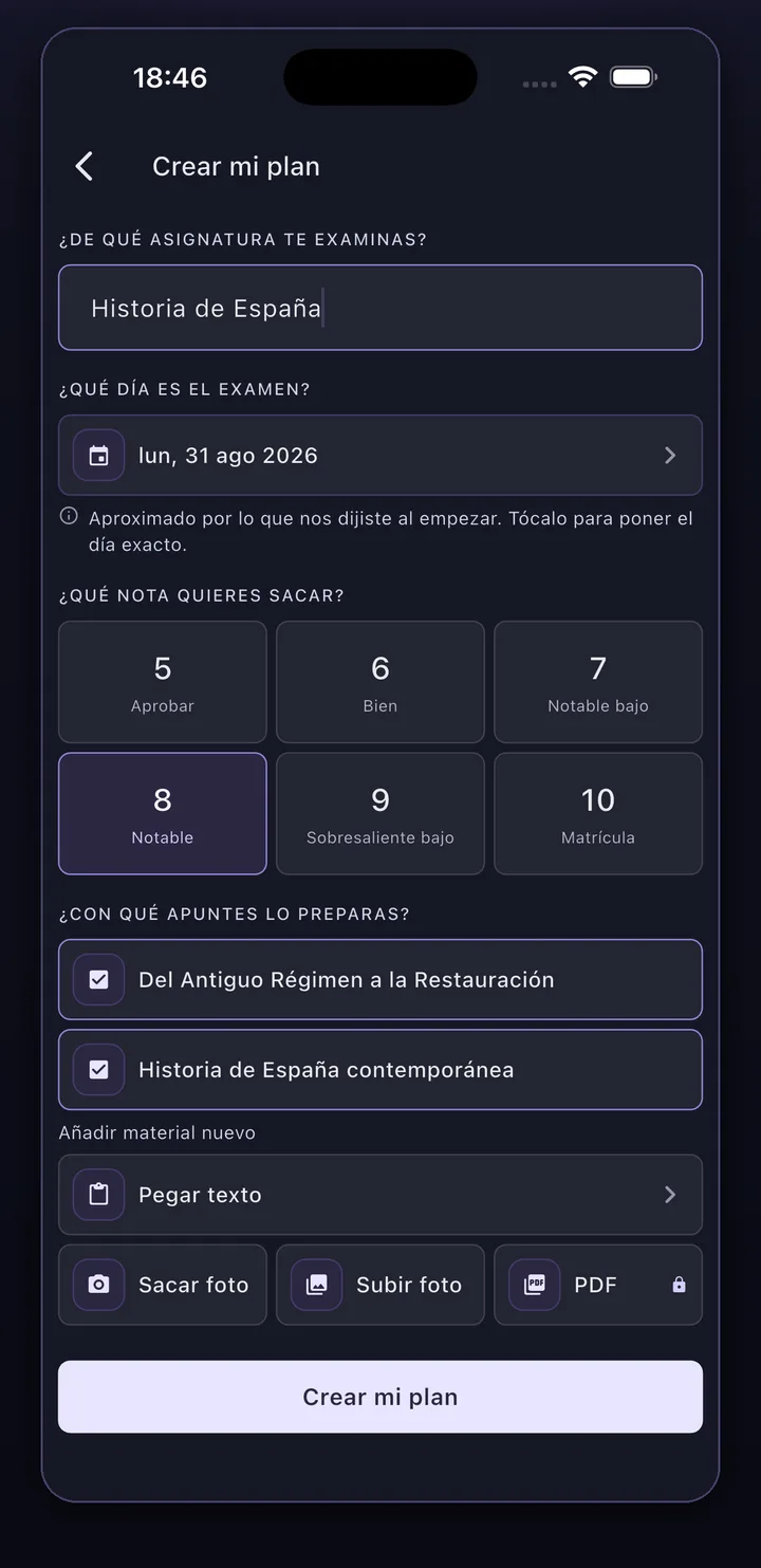 La app Synt: añadir material a un plan de estudio — pegar texto, sacar una foto, subir una foto o un PDF
