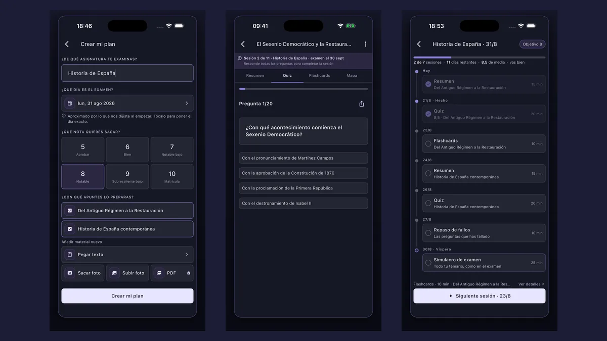 La app Synt en tres pantallas: añadir un PDF o texto pegado, el quiz generado a partir de él y el plan de estudio hasta el examen