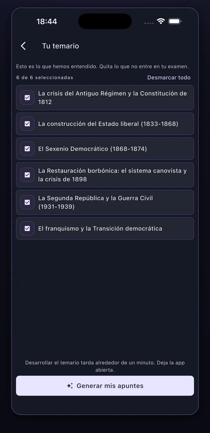 La app Synt: a partir del índice de un temario, genera apuntes por bloque — el mapa y la capa 2 del método, hechos por la IA