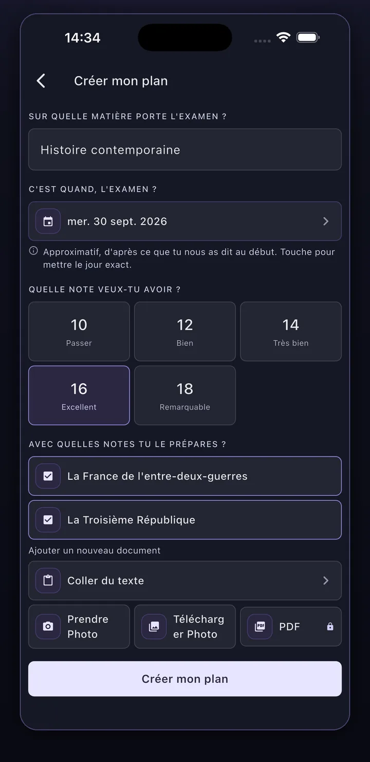 L'application Synt : ajouter du contenu à un plan de révision — coller du texte, prendre une photo, importer une photo ou un PDF