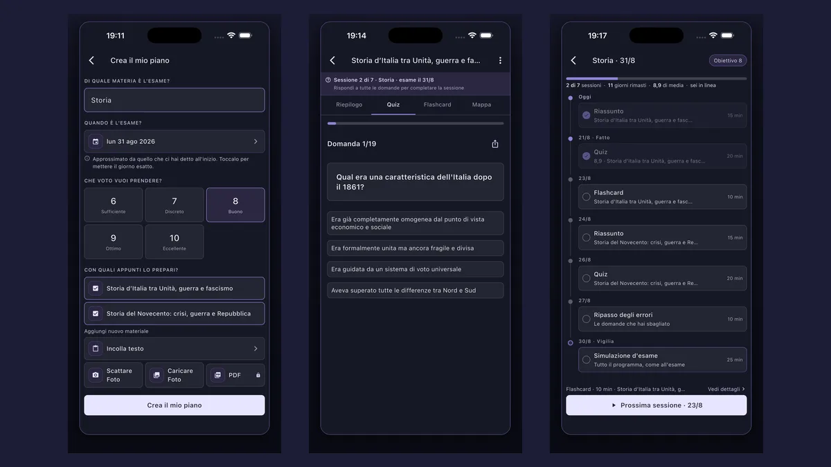 L'app Synt in tre schermate: aggiungere un PDF o un testo incollato, il quiz generato da esso e il piano di studio fino all'esame