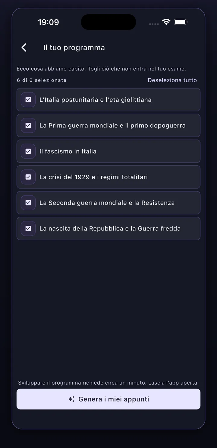 L'app Synt che trasforma il programma di un corso in appunti: elenco degli argomenti riconosciuti e pulsante «Genera i miei appunti»