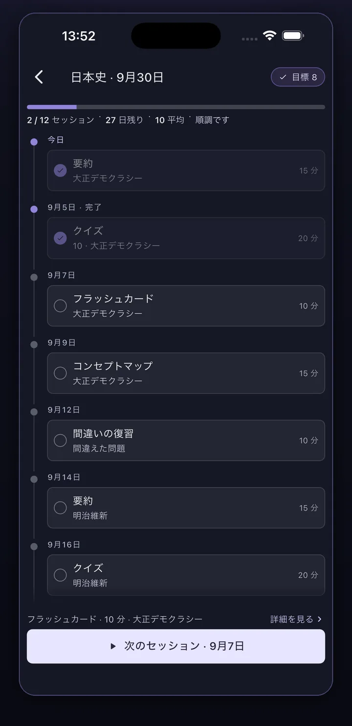 Syntアプリの試験日までの学習計画:要約・クイズ・フラッシュカード・間違いの復習のセッションが日付ごとに並んだタイムライン