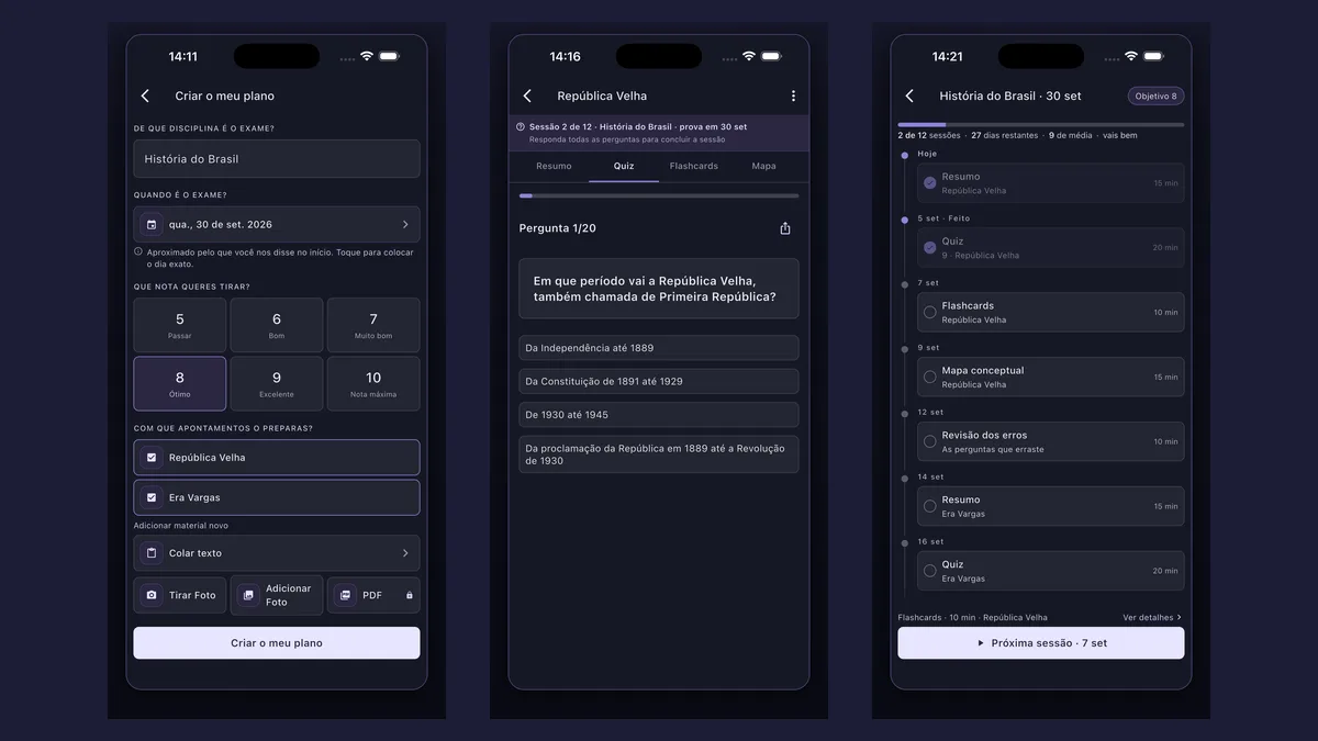 A app Synt em três ecrãs: adicionar um PDF ou texto colado, o quiz gerado a partir dele e o plano de estudo até ao exame