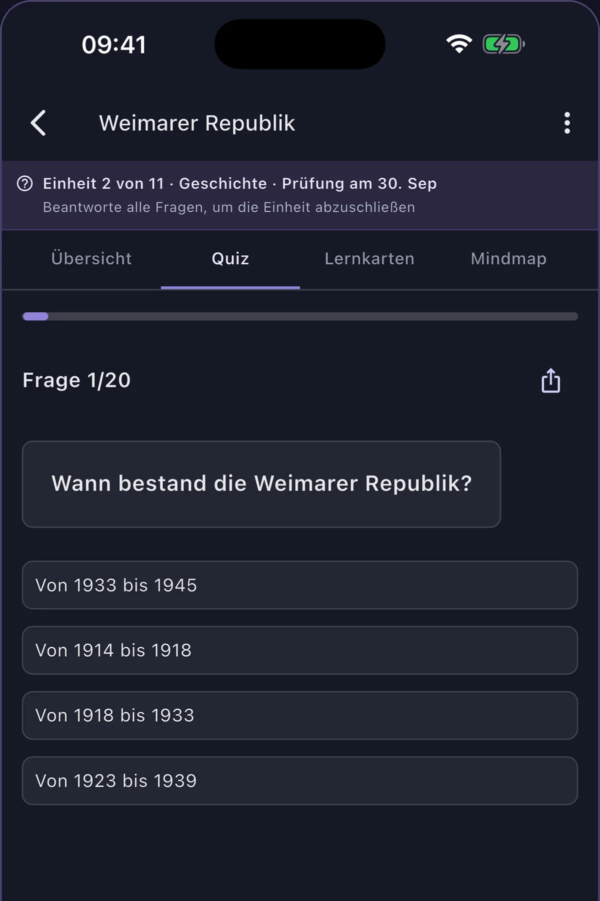 Lernmaterial in Synt mit den Reitern Übersicht, Quiz, Lernkarten und Mindmap: von der Zusammenfassung zu Fragen über denselben Text